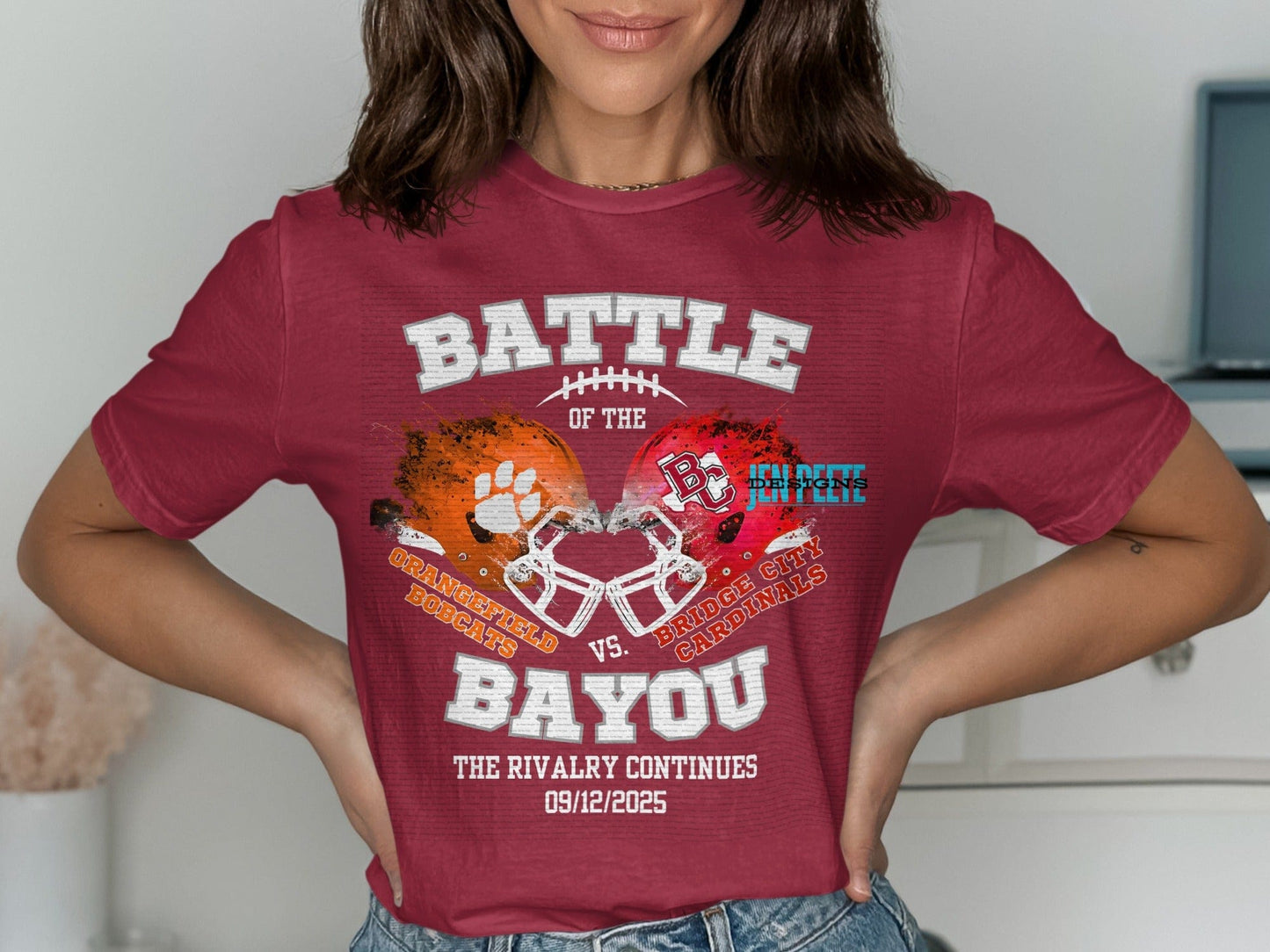 Jen Peete Designs Clothing T-shirts Battle of the Bayou Spirit Shirt (Cardinals & Bobcats)