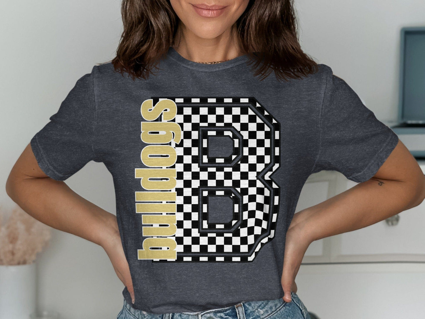 Jen Peete Designs Clothing T-shirts Block Letter Bulldogs Spirit Shirt with Checkered B