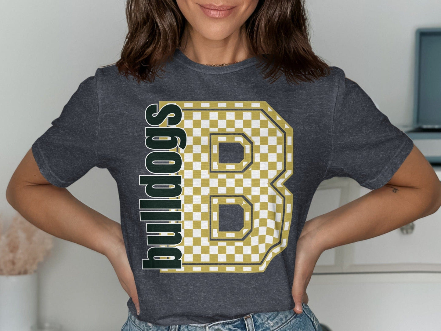 Jen Peete Designs Clothing T-shirts Block Letter Bulldogs Spirit Shirt With Gold Checkered B