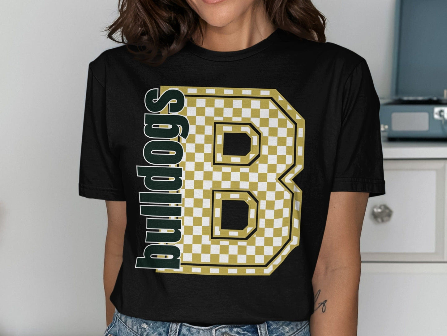 Jen Peete Designs Clothing T-shirts Block Letter Bulldogs Spirit Shirt With Gold Checkered B