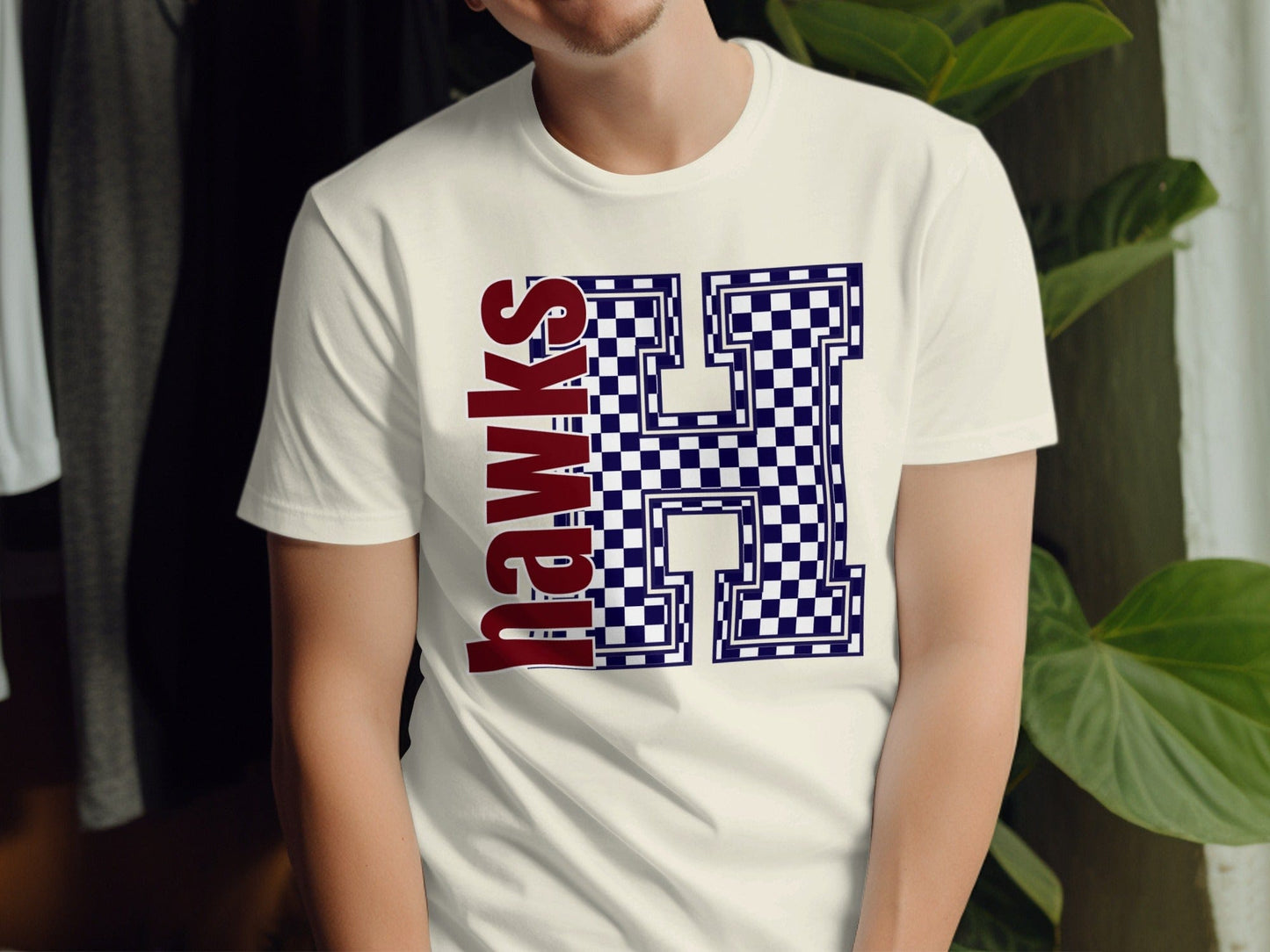 Jen Peete Designs Clothing T-shirts Block Letter Hawks Spirit Shirt with Blue Checkered H