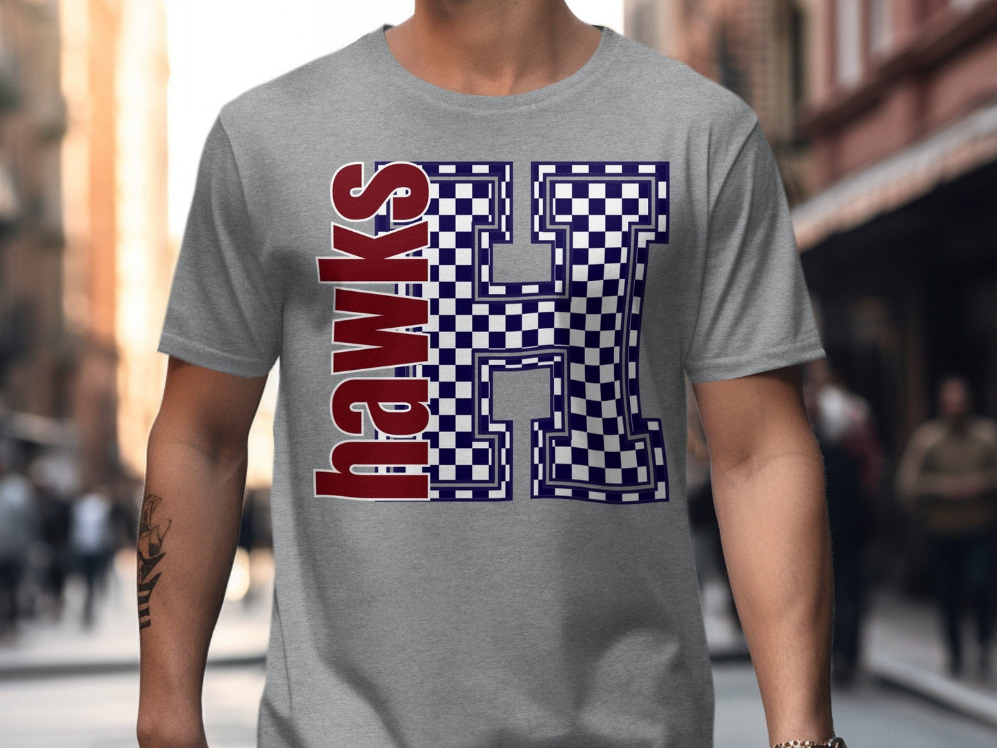 Jen Peete Designs Clothing T-shirts Block Letter Hawks Spirit Shirt with Blue Checkered H