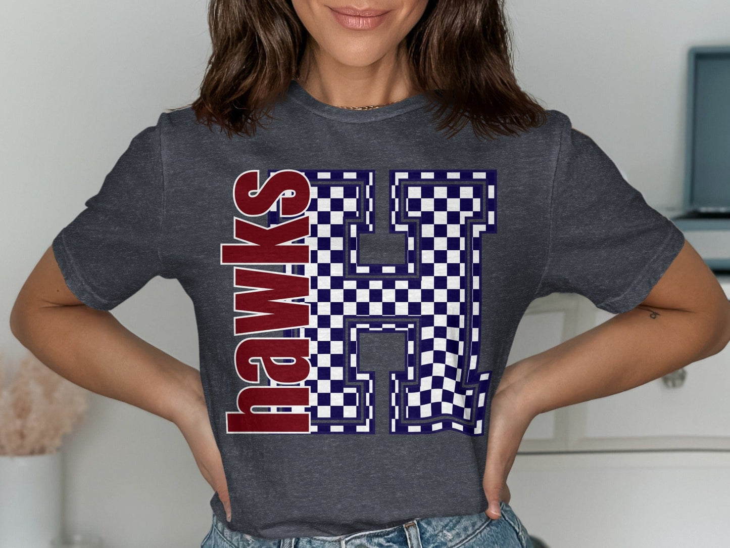 Jen Peete Designs Clothing T-shirts Block Letter Hawks Spirit Shirt with Blue Checkered H