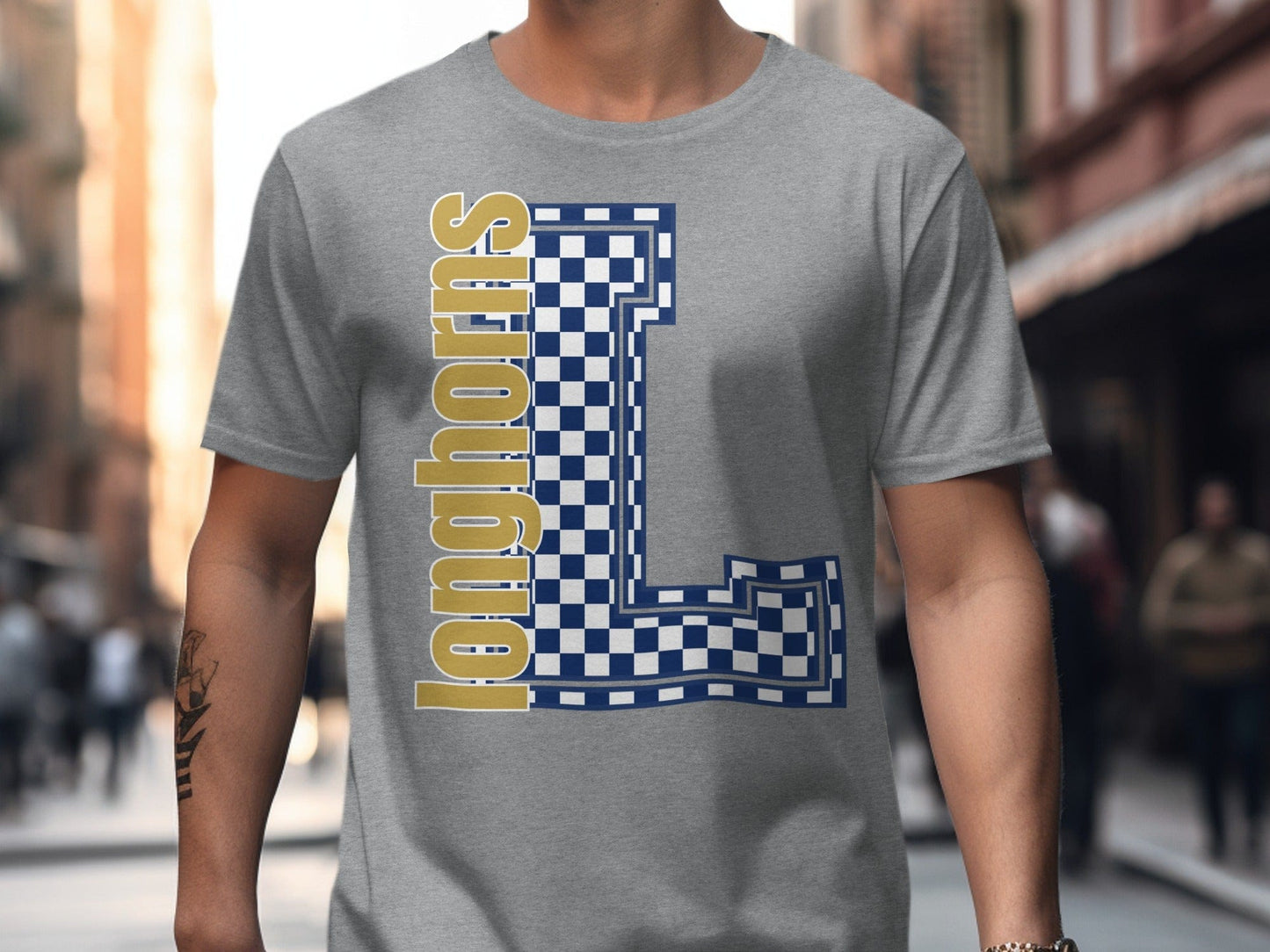 Jen Peete Designs Clothing T-shirts Block Letter Longhorns Spirit Shirt with Blue Checkered L