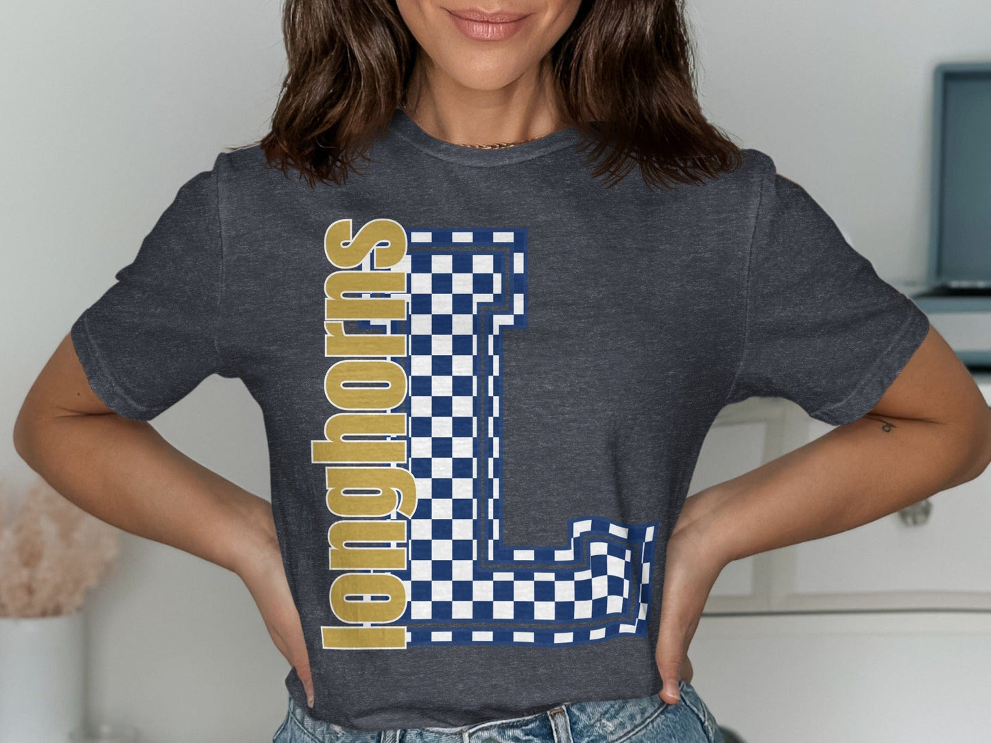 Jen Peete Designs Clothing T-shirts Block Letter Longhorns Spirit Shirt with Blue Checkered L