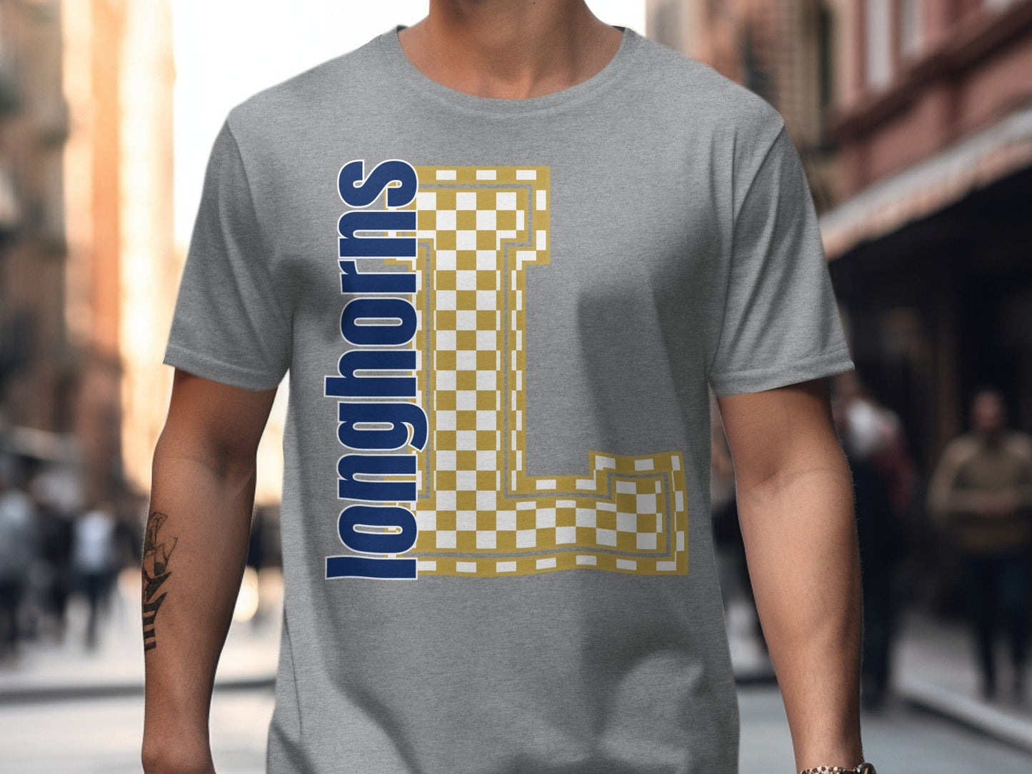 Jen Peete Designs Clothing T-shirts Block Letter Longhorns Spirit Shirt with Gold Checkered L