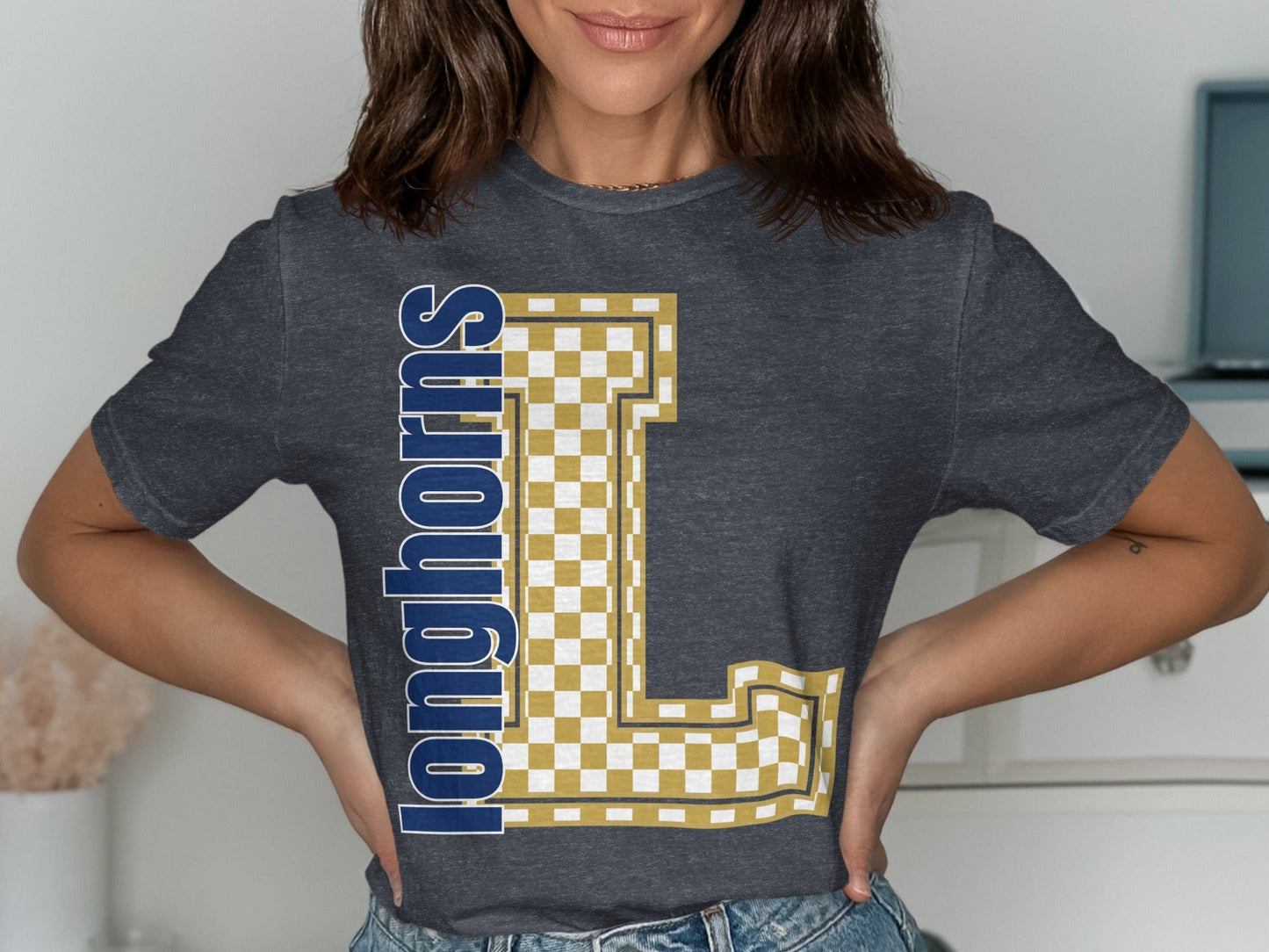 Jen Peete Designs Clothing T-shirts Block Letter Longhorns Spirit Shirt with Gold Checkered L