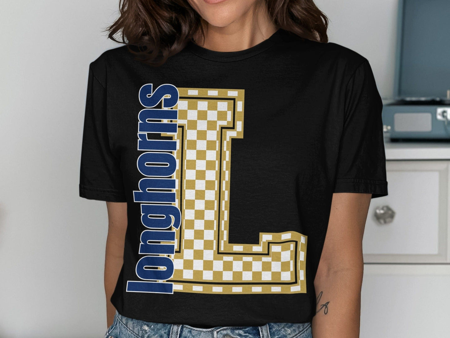 Jen Peete Designs Clothing T-shirts Block Letter Longhorns Spirit Shirt with Gold Checkered L