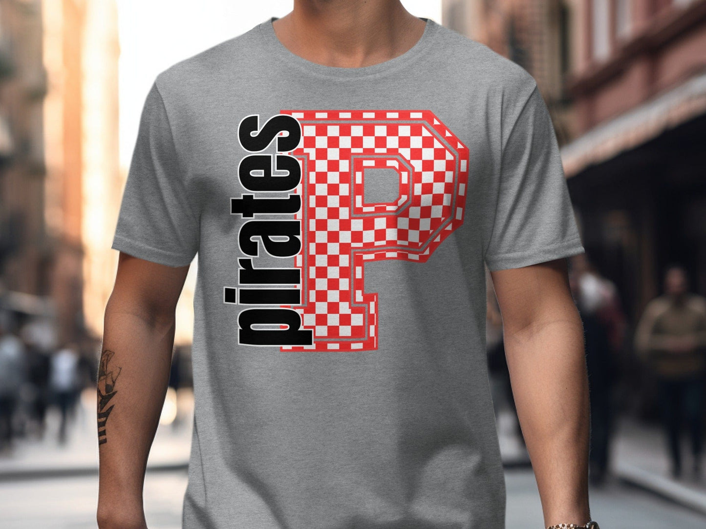 Jen Peete Designs Clothing T-shirts Block Letter Pirates Spirit Shirt with Checkered Letter P