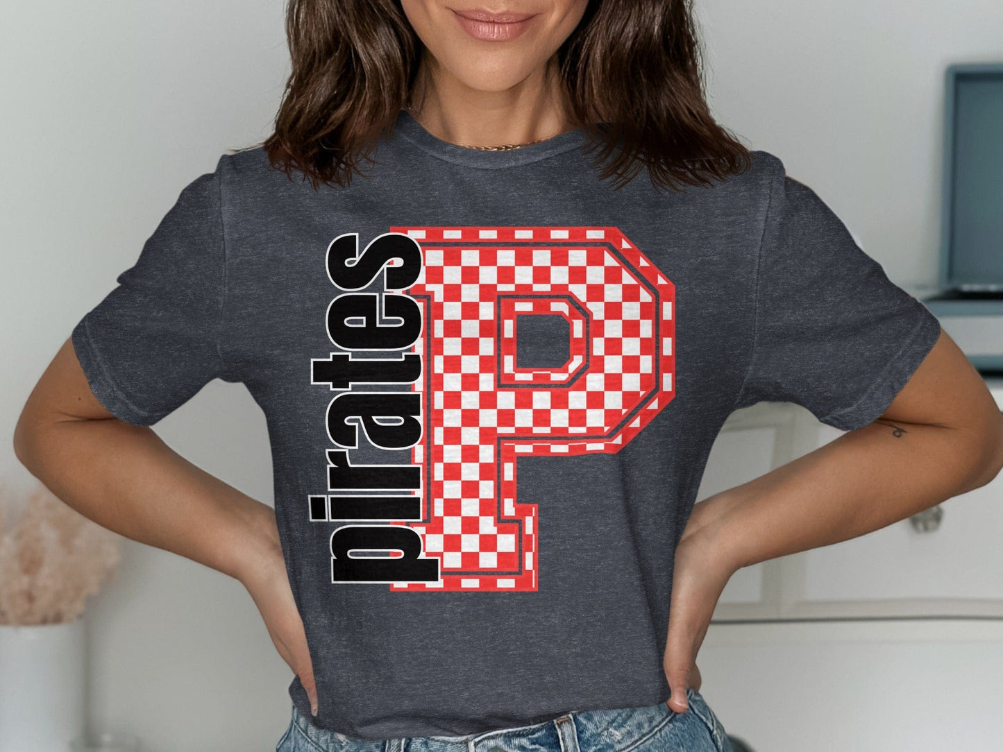 Jen Peete Designs Clothing T-shirts Block Letter Pirates Spirit Shirt with Checkered Letter P