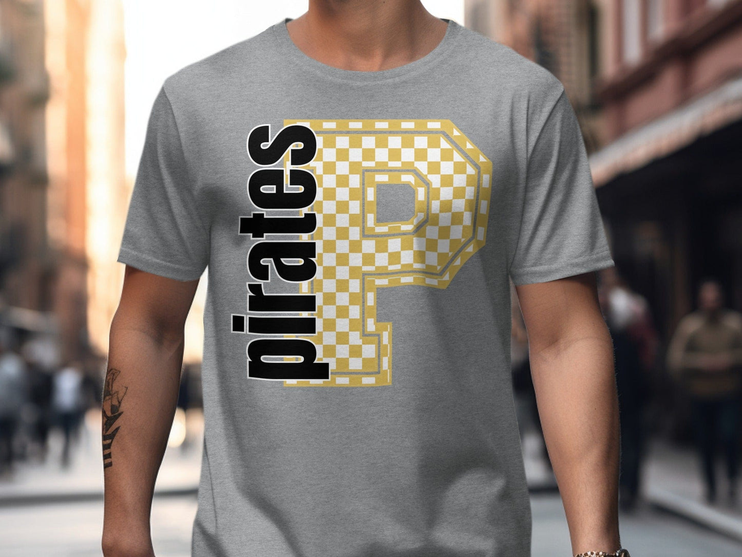 Jen Peete Designs Clothing T-shirts Block Letter Pirates Spirit Shirt with Gold Checkered P