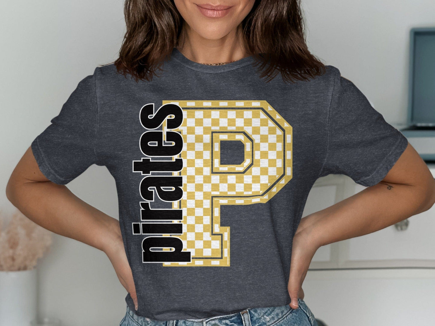 Jen Peete Designs Clothing T-shirts Block Letter Pirates Spirit Shirt with Gold Checkered P