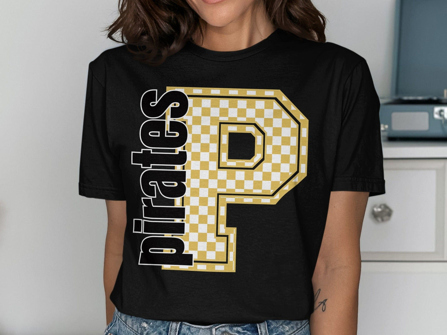 Jen Peete Designs Clothing T-shirts Block Letter Pirates Spirit Shirt with Gold Checkered P