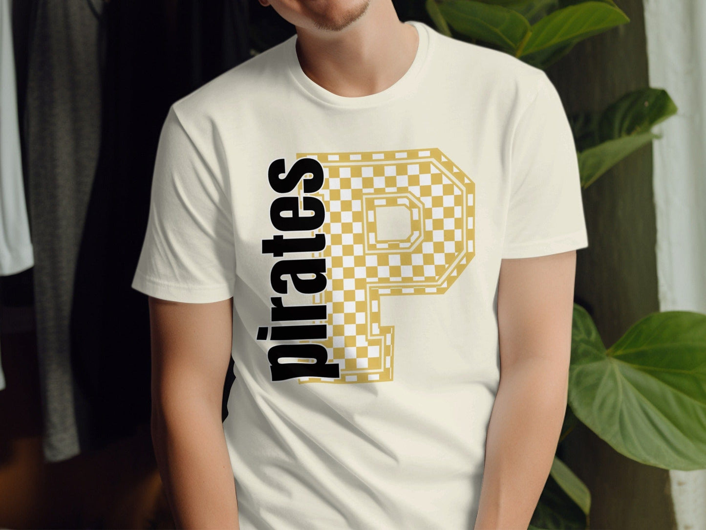 Jen Peete Designs Clothing T-shirts Block Letter Pirates Spirit Shirt with Gold Checkered P