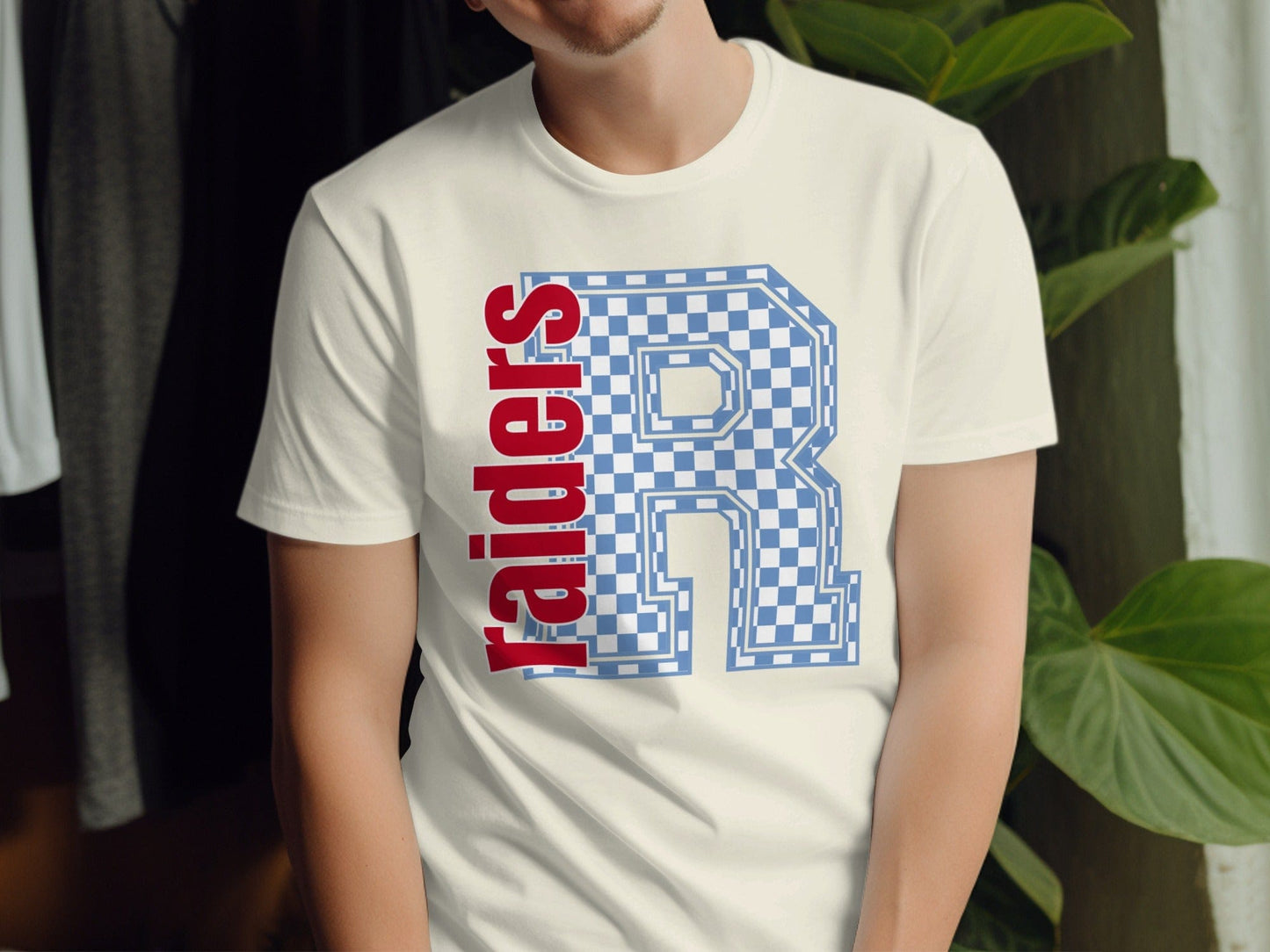 Jen Peete Designs Clothing T-shirts Block Letter Raiders Spirit Shirt with Blue Checkered R