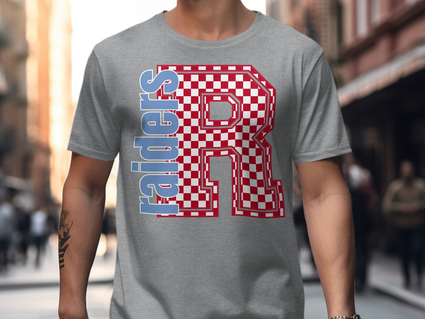 Jen Peete Designs Clothing T-shirts Block Letter Raiders Spirit Shirt with Red Checked Letter R