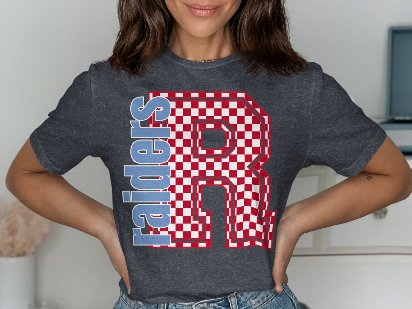 Jen Peete Designs Clothing T-shirts Block Letter Raiders Spirit Shirt with Red Checked Letter R