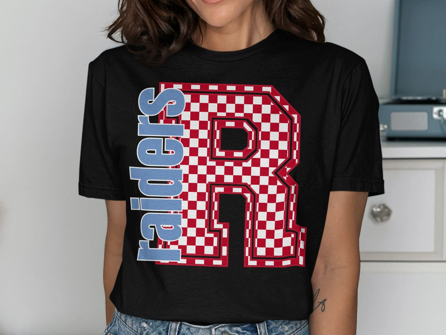 Jen Peete Designs Clothing T-shirts Block Letter Raiders Spirit Shirt with Red Checked Letter R