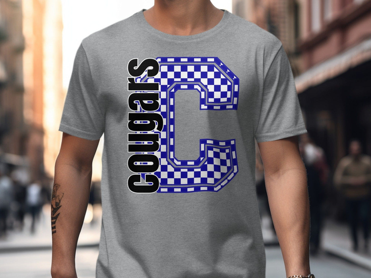 Jen Peete Designs Clothing T-shirts Block Lettered Cougars Spirit Shirt with Blue Checkered C