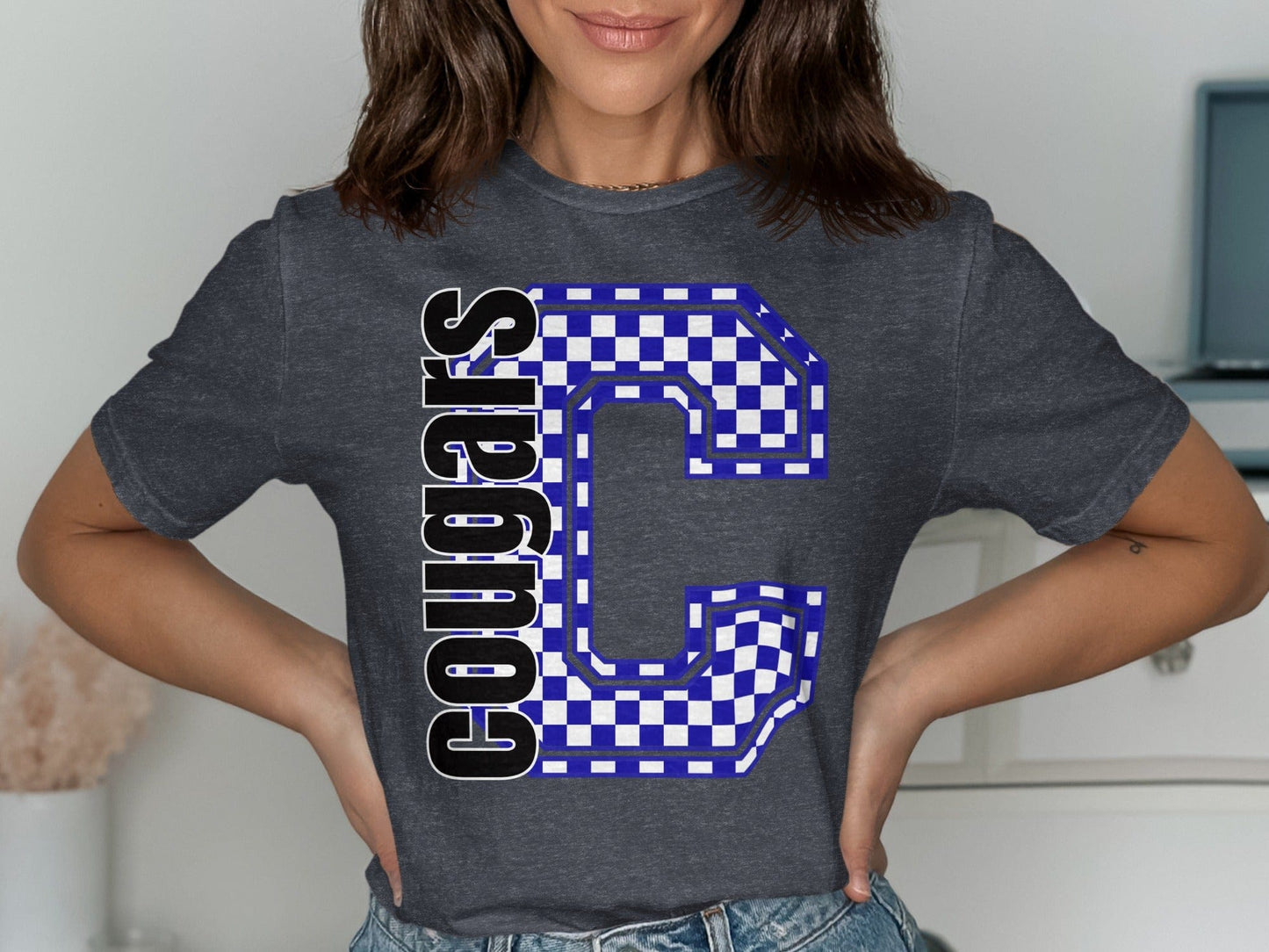 Jen Peete Designs Clothing T-shirts Block Lettered Cougars Spirit Shirt with Blue Checkered C