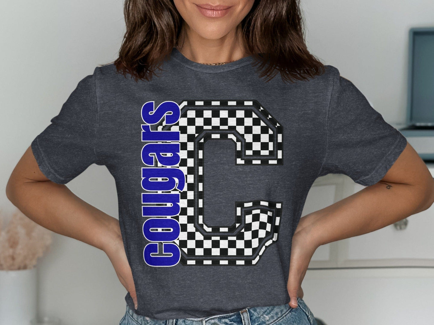 Jen Peete Designs Clothing T-shirts Block Lettered Cougars Spirit Shirt with Checkered C