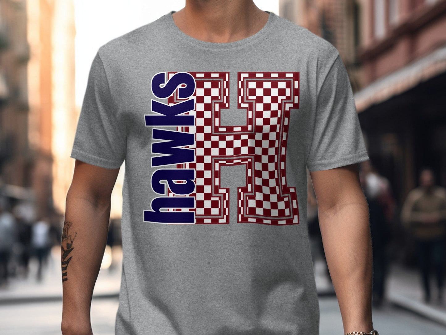 Jen Peete Designs Clothing T-shirts Block Lettered Hawks Spirit Shirt with Red Checkered H