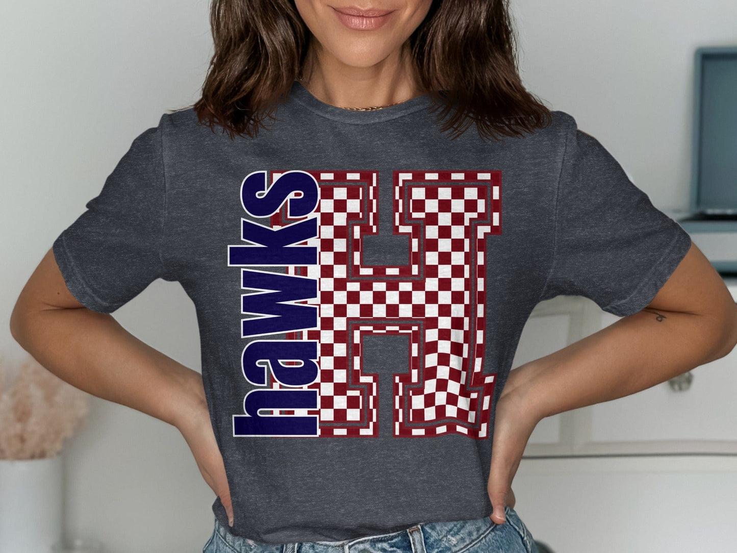 Jen Peete Designs Clothing T-shirts Block Lettered Hawks Spirit Shirt with Red Checkered H