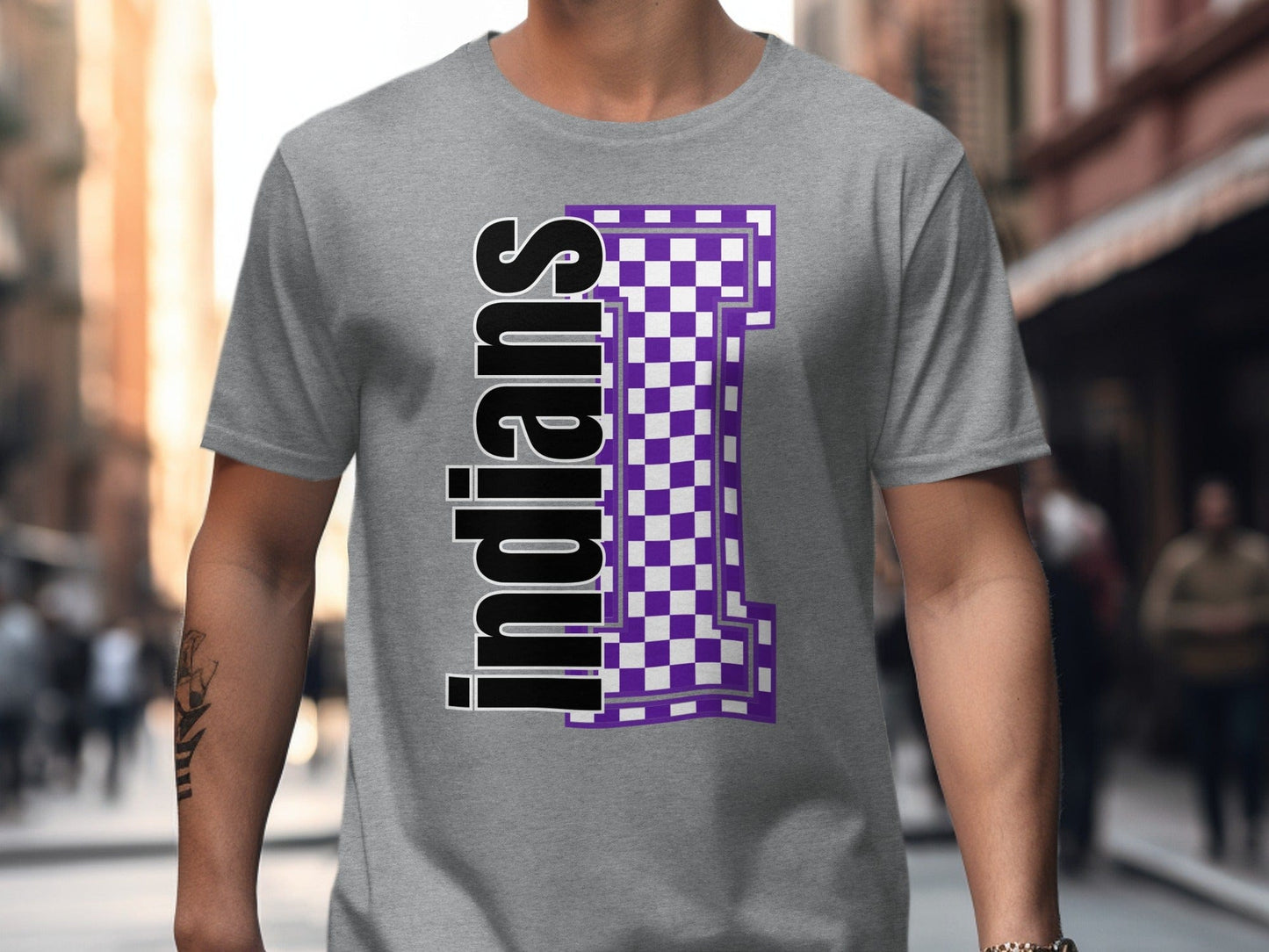Jen Peete Designs Clothing T-shirts Block Lettered Indians Spirit Shirt with Purple Checkered I