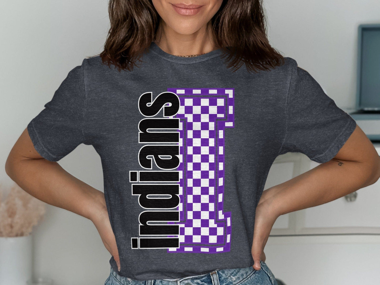 Jen Peete Designs Clothing T-shirts Block Lettered Indians Spirit Shirt with Purple Checkered I