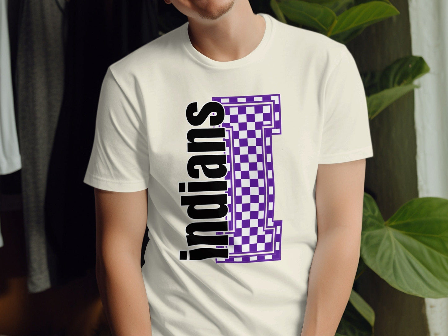 Jen Peete Designs Clothing T-shirts Block Lettered Indians Spirit Shirt with Purple Checkered I