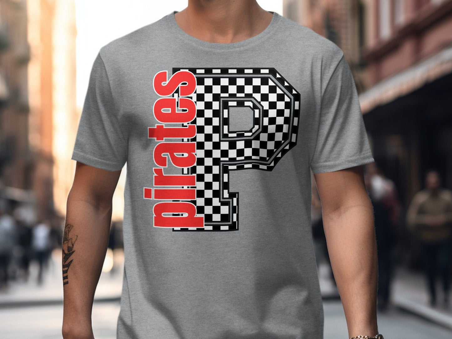 Jen Peete Designs Clothing T-shirts Block Lettered Pirates Spirit Shirt with Checkered P