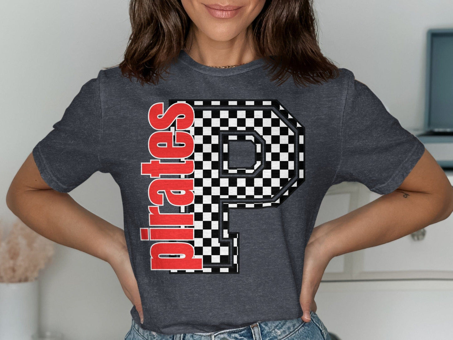 Jen Peete Designs Clothing T-shirts Block Lettered Pirates Spirit Shirt with Checkered P