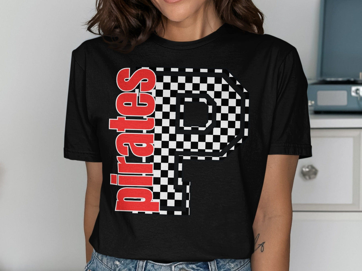 Jen Peete Designs Clothing T-shirts Block Lettered Pirates Spirit Shirt with Checkered P