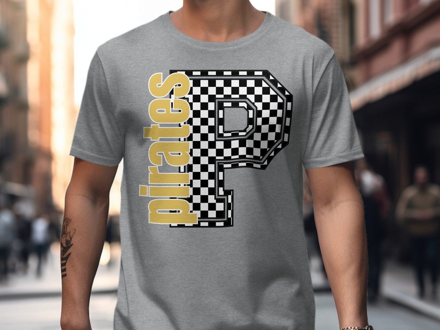Jen Peete Designs Clothing T-shirts Block Lettered Pirates Spirit Shirt with Checkered P