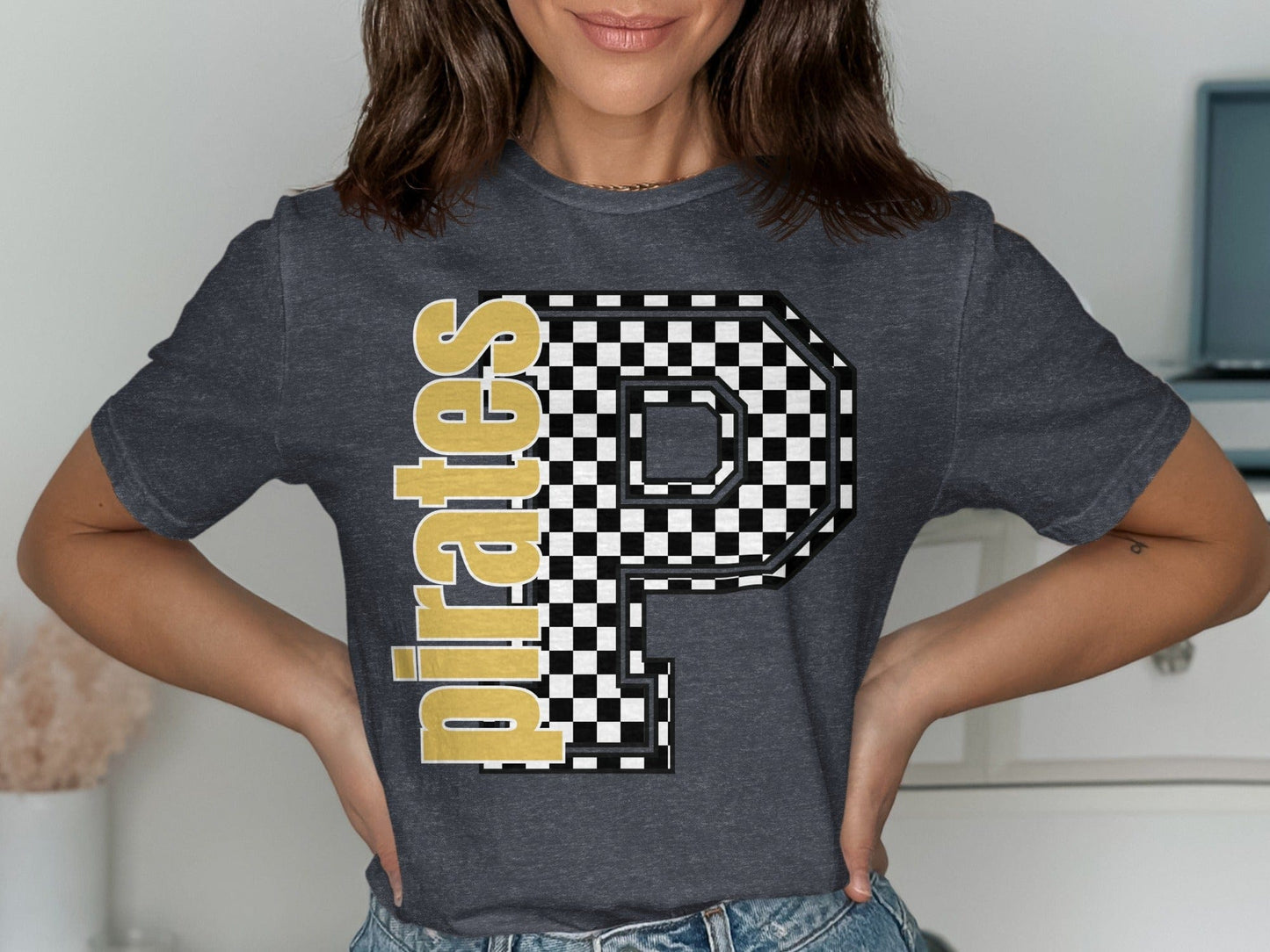 Jen Peete Designs Clothing T-shirts Block Lettered Pirates Spirit Shirt with Checkered P