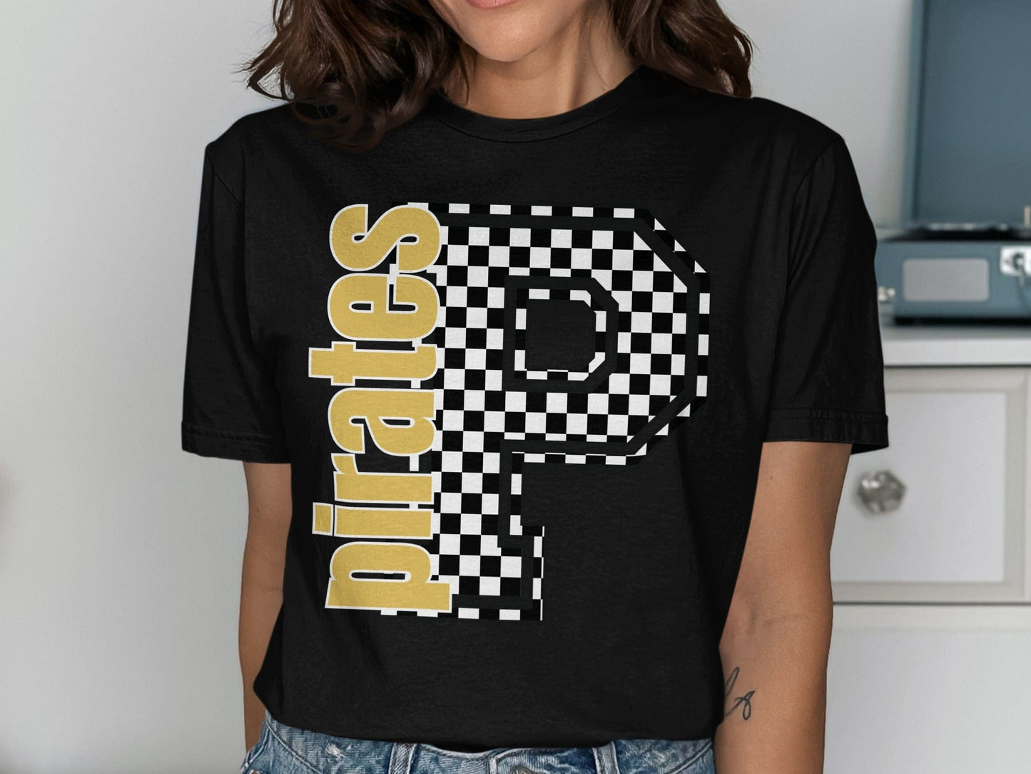 Jen Peete Designs Clothing T-shirts Block Lettered Pirates Spirit Shirt with Checkered P