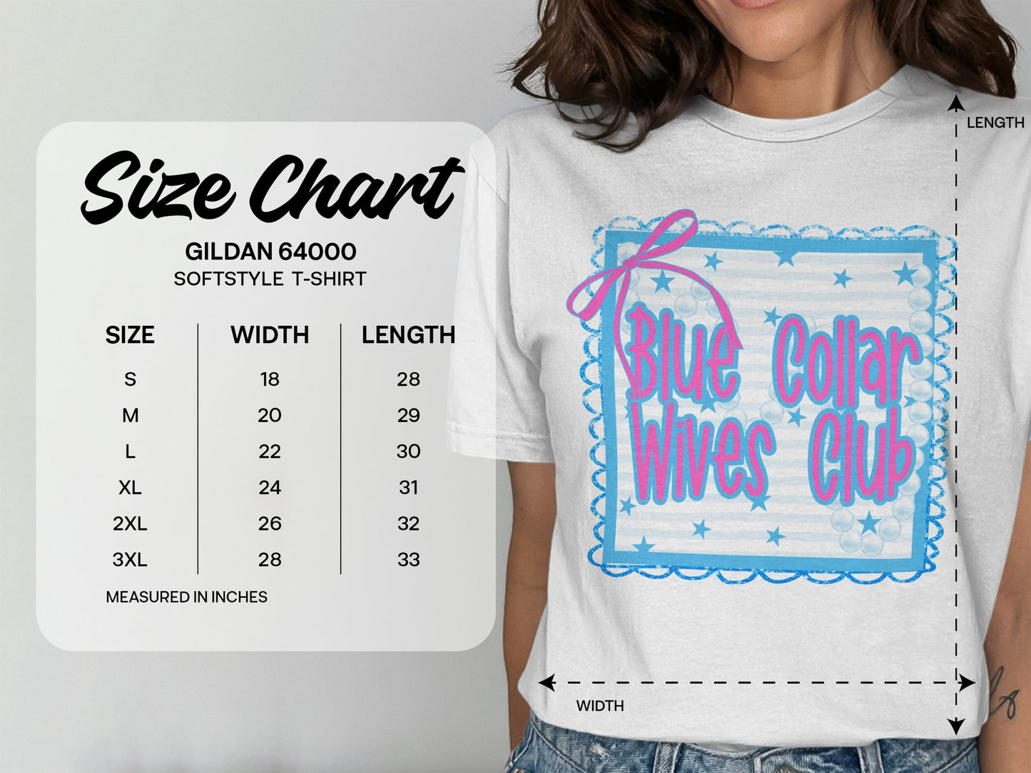 Jen Peete Designs Clothing T-shirts Blue Collar Wives Club with Pearls and Bow Graphic T-Shirt