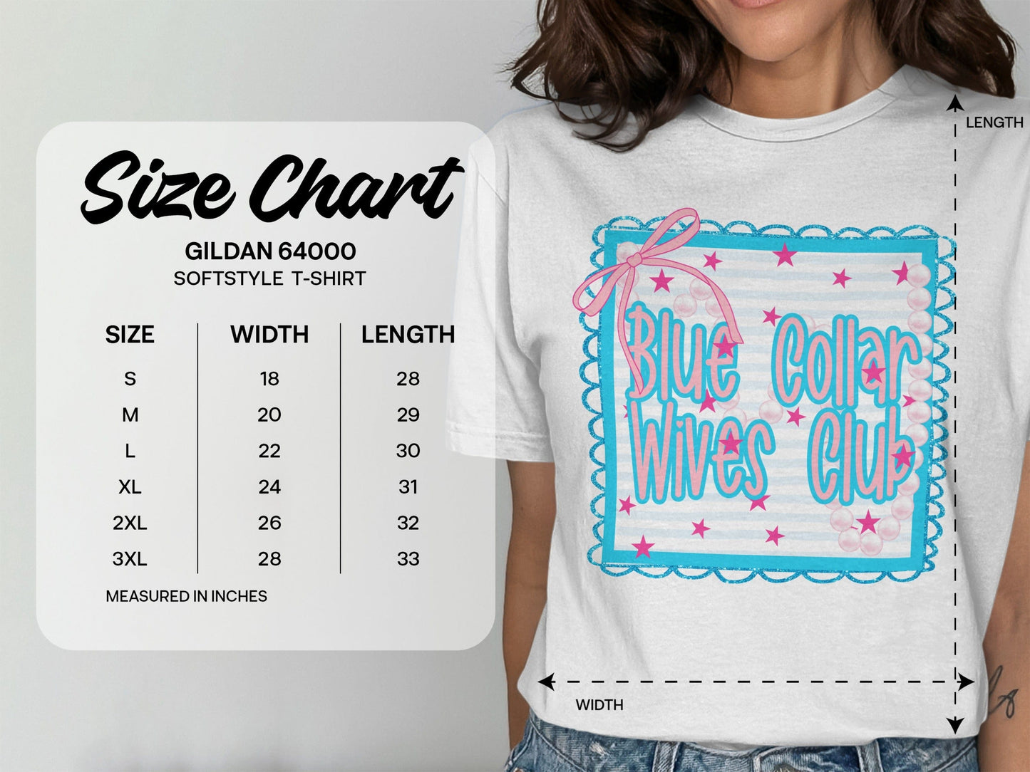 Jen Peete Designs Clothing T-shirts Blue Collar Wives Club with Pearls and Bow Graphic T-Shirt