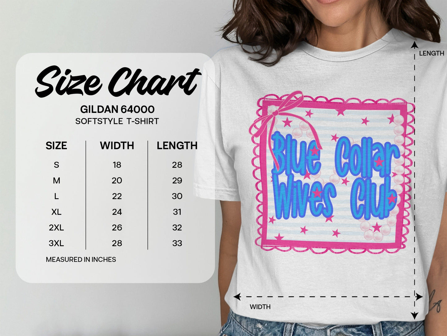 Jen Peete Designs Clothing T-shirts Blue Collar Wives Club with Pearls and Bow Graphic T-Shirt