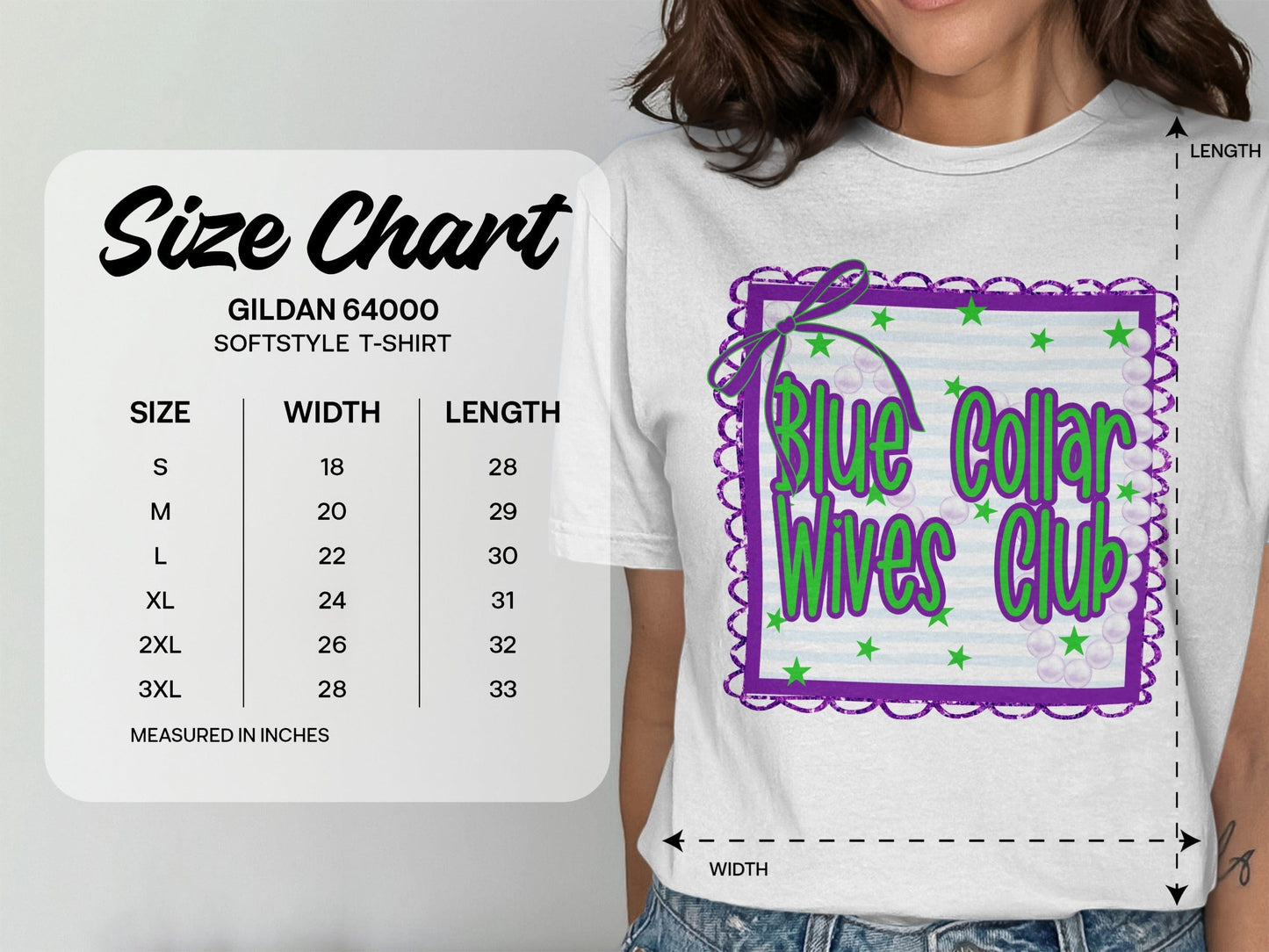 Jen Peete Designs Clothing T-shirts Blue Collar Wives Club with Pearls and Bow Graphic T-Shirt