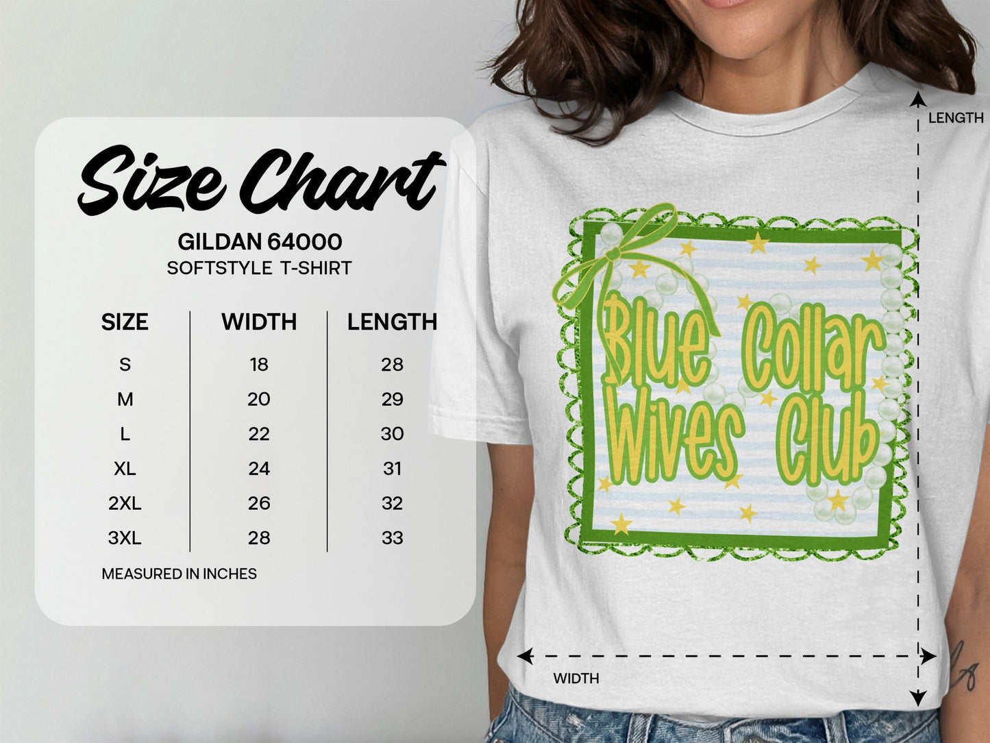 Jen Peete Designs Clothing T-shirts Blue Collar Wives Club with Pearls and Bow Graphic T-Shirt