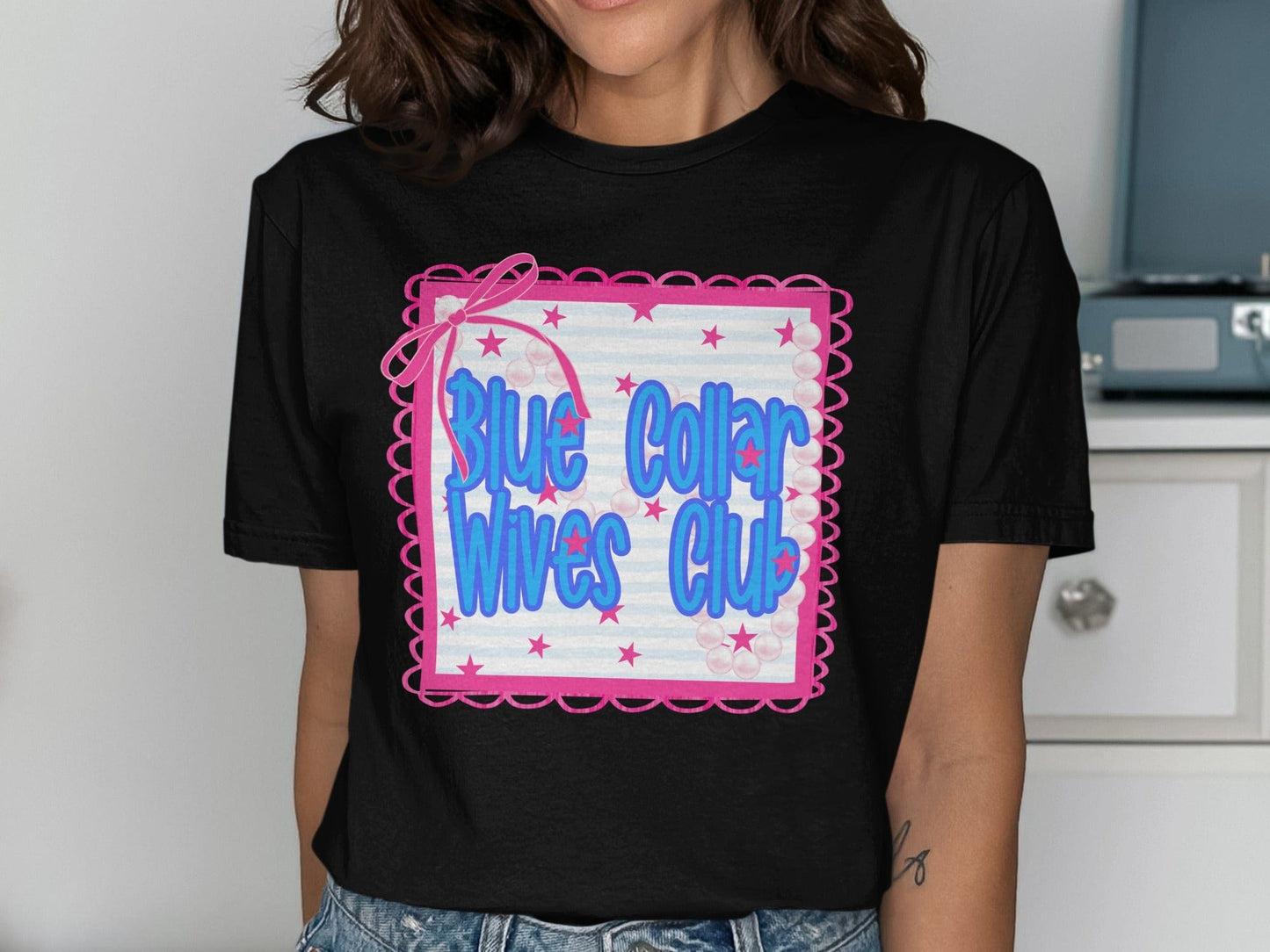 Jen Peete Designs Clothing T-shirts Blue Collar Wives Club with Pearls and Bow Graphic T-Shirt
