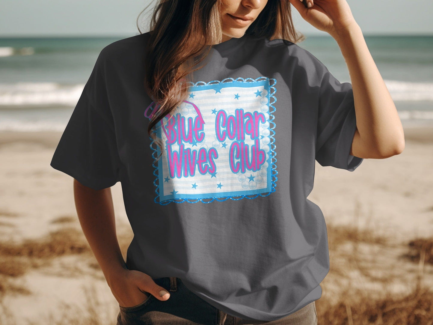 Jen Peete Designs Clothing T-shirts Blue Collar Wives Club with Pearls and Bow Graphic T-Shirt