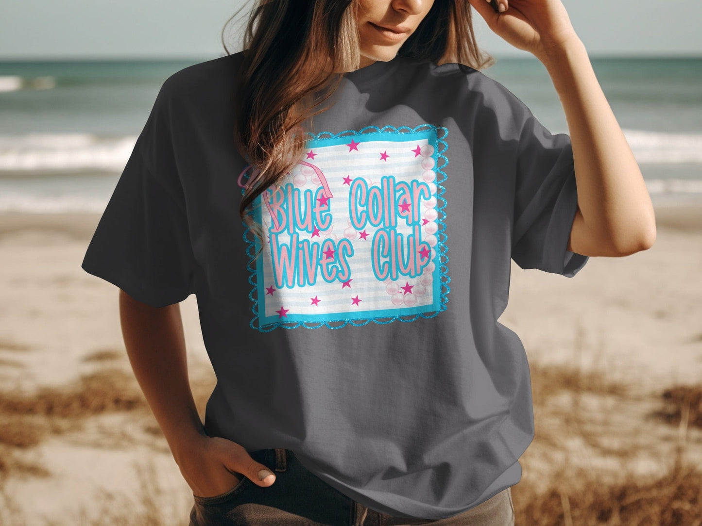 Jen Peete Designs Clothing T-shirts Blue Collar Wives Club with Pearls and Bow Graphic T-Shirt