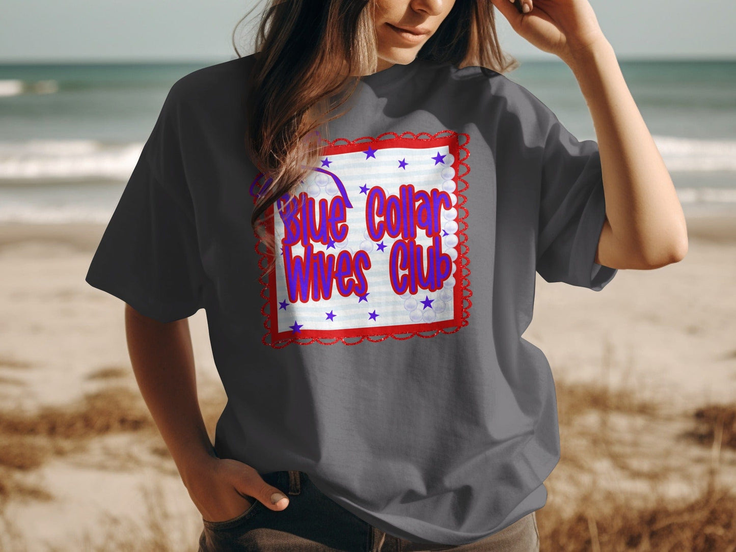 Jen Peete Designs Clothing T-shirts Blue Collar Wives Club with Pearls and Bow Graphic T-Shirt