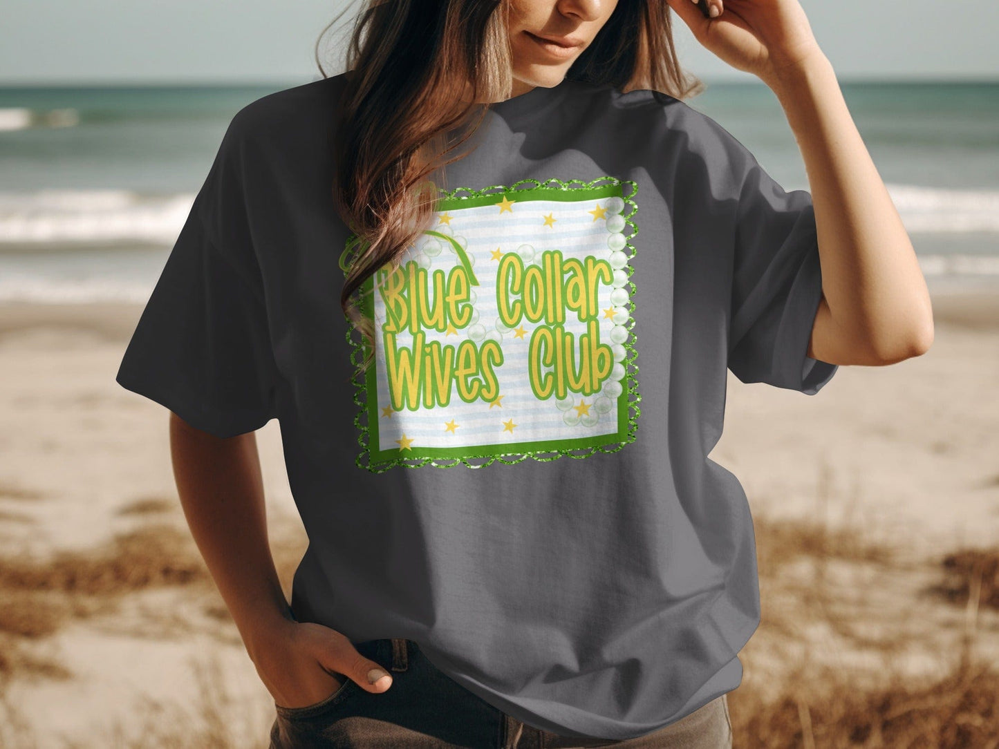 Jen Peete Designs Clothing T-shirts Blue Collar Wives Club with Pearls and Bow Graphic T-Shirt