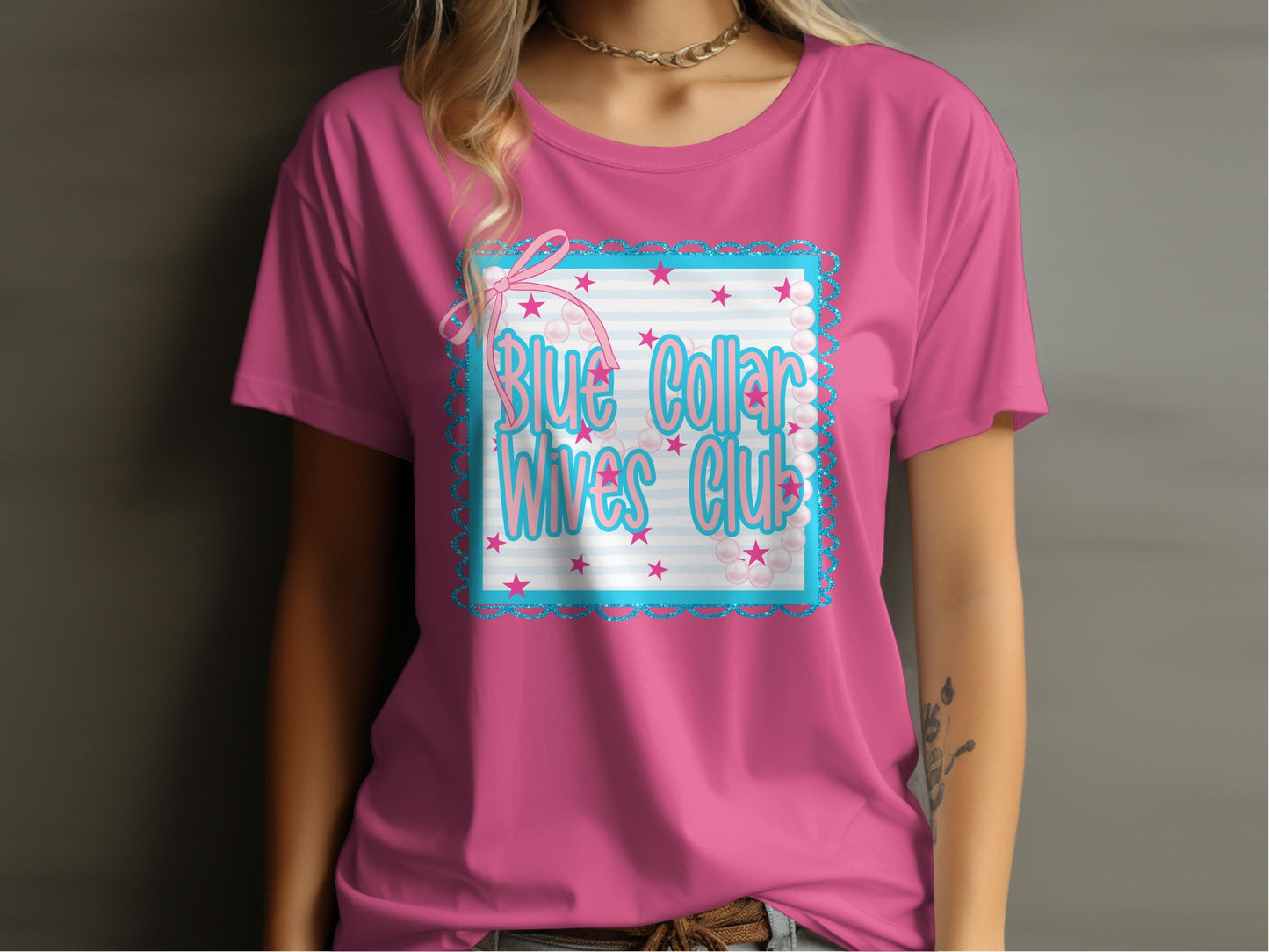Jen Peete Designs Clothing T-shirts Blue Collar Wives Club with Pearls and Bow Graphic T-Shirt