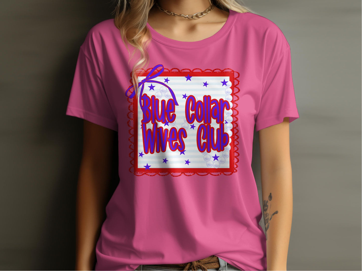 Jen Peete Designs Clothing T-shirts Blue Collar Wives Club with Pearls and Bow Graphic T-Shirt