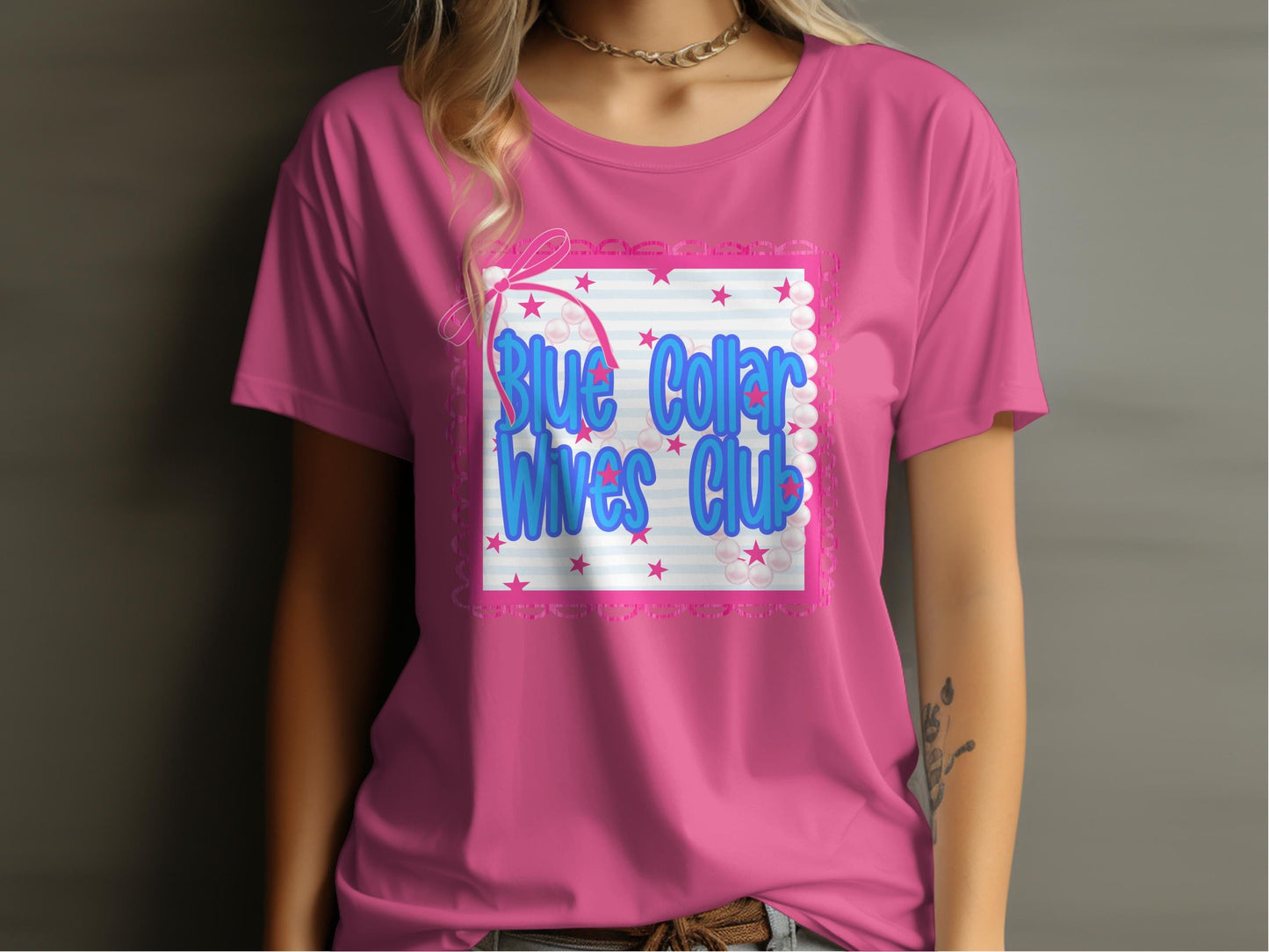 Jen Peete Designs Clothing T-shirts Blue Collar Wives Club with Pearls and Bow Graphic T-Shirt