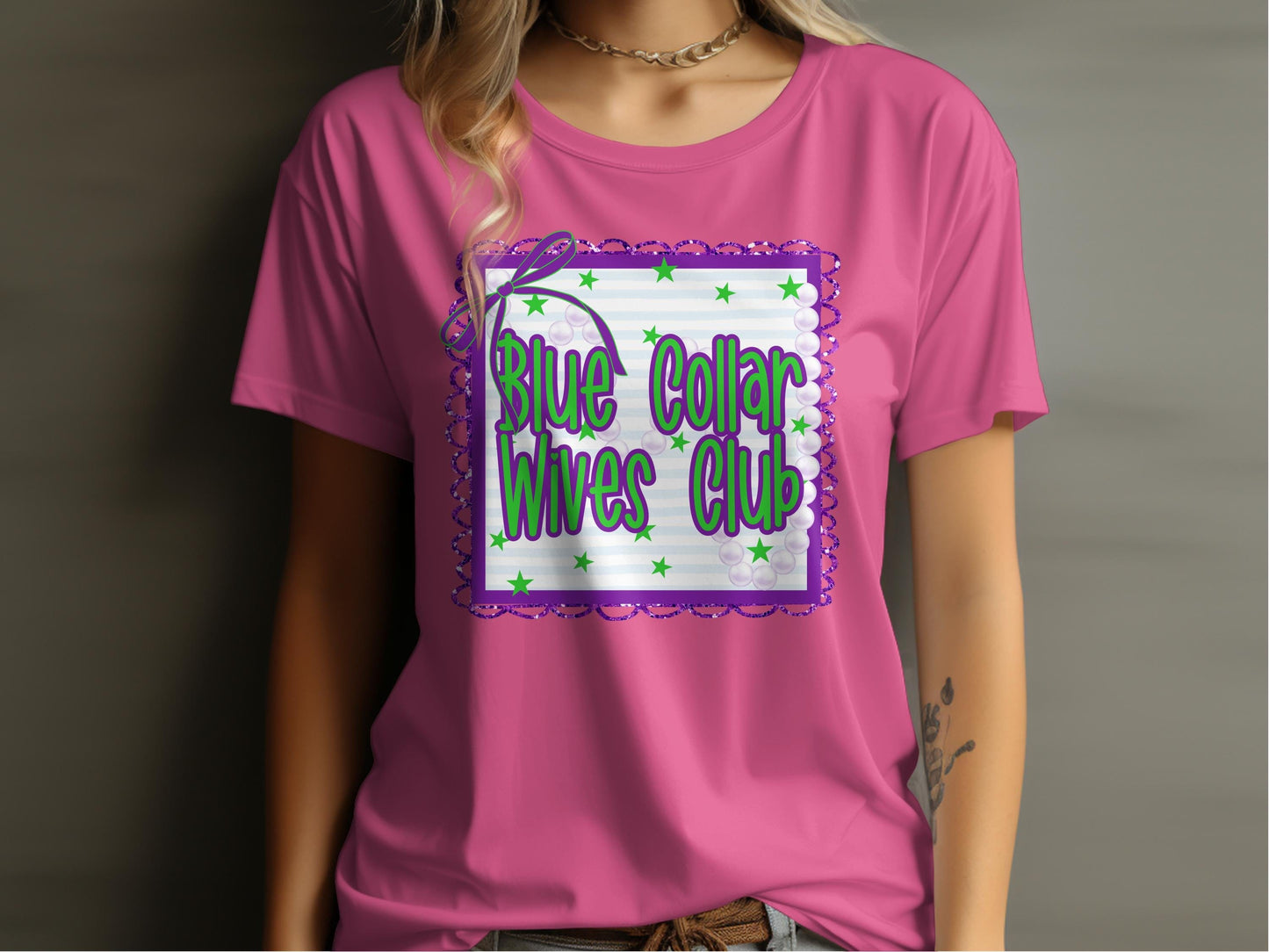 Jen Peete Designs Clothing T-shirts Blue Collar Wives Club with Pearls and Bow Graphic T-Shirt